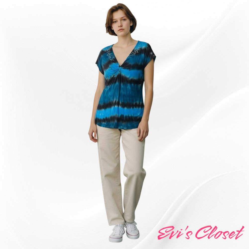 INC International Concepts Women's Blue Tie-Dye V Neck Twist Top Boho Y2K Sz XL